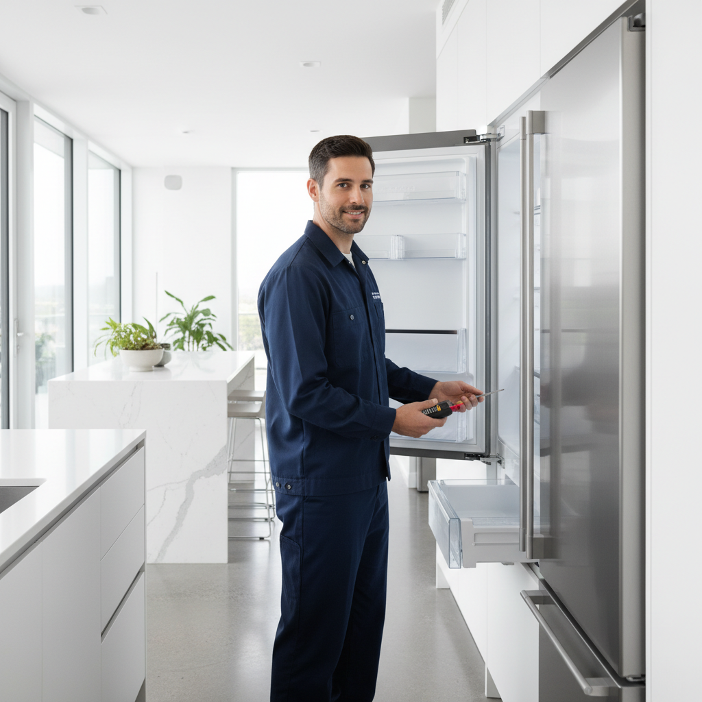 Professional appliance repair technician inspecting a built-in refrigerator